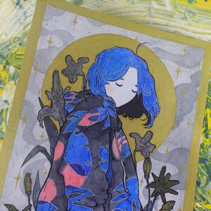 Ritratto acrilico originale, dipinto a mano ad acquerello, regalo unico nel suo genere, fiori dorati, luna dorata