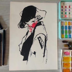 Ritratto di ragazza vampiro su carta, disegno a inchiostro e pennarello acrilico, regalo d'arte originale