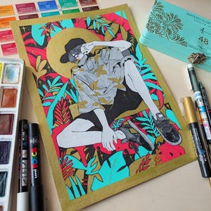 Dipinto acrilico di un ragazzo adolescente, ritratto originale ad acquerello e acrilico, illustrazione in formato A4 con dettagli dorati