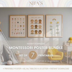 Paquete de pósteres Montessori / Gráficos visuales imprimibles para niños / Rutina, emociones, clima, formas, números / Herramientas de aprendizaje tranquilo / Educación en casa