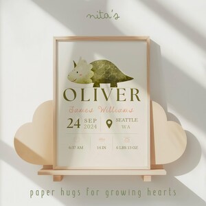 Personalisierte Geburtszahlen Druck – Individuelles Baby Poster Dino – Dinosaurier Kinderzimmer Wandkunst – Geburt druckbar – Geschenkidee Neugeborene – BirthStats