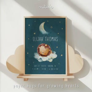 Personalisierter Löwe Geburtszahlen Print • Mond & Sterne Kinderzimmer Wandkunst • Baby Boy Name Poster • Safari Tier Baby-Dusche-Geschenk • Printable