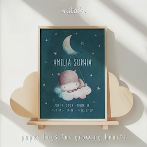 Personalisierte Nilpferd Geburtszahlen Druck • Mond & Sterne Kinderzimmer Wandkunst • Baby Mädchen Name Poster • Safari Tier Baby-Dusche-Geschenk • druckbar