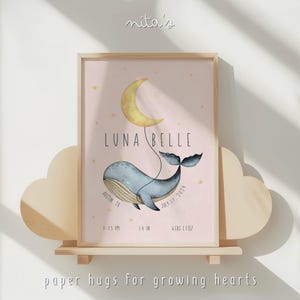 Personalisierte Geburts-Statistiken – Baby Name Druck mit Mond und Sternen – Wandkunst für Mädchen – Digitaler Download