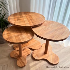 Round Nesting Table Set , Solid Beech Nesting Table , Handmade Natural Wood 3 Piece Table , Minimalist Living Room Furniture , Coffee Tables