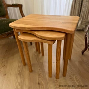Solid Beech Wood Nesting Coffee Table Set, 3 Piece Round Minimalist Side Tables, Handmade Rustic Stackable Trio for Modern Living Room
