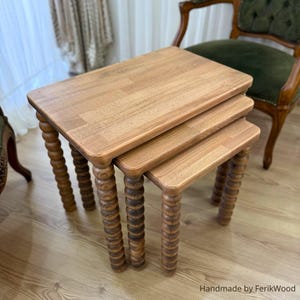 Nesting Coffee Table Set, 3 Piece Wooden Tables, Handmade Rustic Minimalist Design, Solid Beech Wood Coffee Table, Natural Home Decor