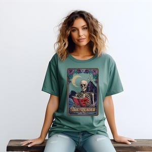 Comfort Colors® The Reader Tarot Card Shirt, Skeleton Reading Shirt, Unisex Tarot Card Shirt, Book Lover Gift, Bookish Gift,Tarot Lover Gift