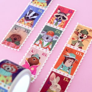 Washi tape en forme de timbre - Motif portrait animaux amusant - Ruban adhésif