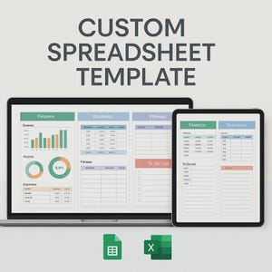 Puede incluir: Un portátil y una tableta muestran una plantilla de hoja de cálculo personalizada con secciones para finanzas, negocios y fitness. La plantilla incluye gráficos y listas de tareas. La imagen también muestra los iconos de Google Sheets y Excel.