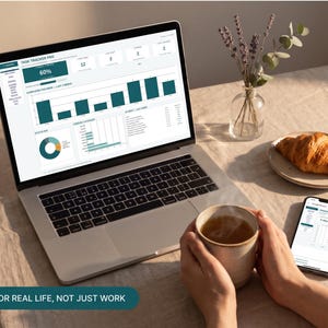 K&ouml;nnte beinhalten: Ein silberner Laptop mit einem Task Tracker Pro-Dashboard inklusive Diagrammen und Daten sowie ein Smartphone mit einer &auml;hnlichen Benutzeroberfl&auml;che. Der Bildschirm zeigt den Text Task Tracker Pro, Completed Per Week und Made For Real Life, Not Just Work.