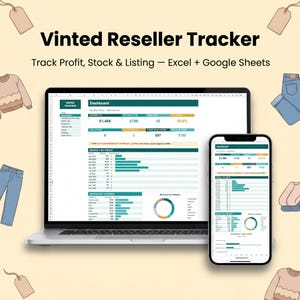 May include: A Vinted Reseller Tracker spreadsheet displayed on a laptop and smartphone screen. The dashboard shows financial data, including revenue, profit, and sales charts. The background features illustrations of clothing items and price tags.