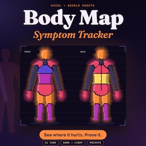 Könnte beinhalten: Ein digitaler Body Map Symptom Tracker für Excel und Google Sheets mit Pixel-Art-Figuren in Vorder- und Rückansicht. Die Benutzeroberfläche zeigt einen dunklen Hintergrund, farbcodierte Körperbereiche und den Text See where it hurts. Prove it.