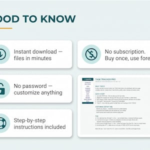 K&ouml;nnte beinhalten: Eine Infografik f&uuml;r einen Aufgabenplaner mit der &Uuml;berschrift GOOD TO KNOW. Sie enth&auml;lt f&uuml;nf wei&szlig;e rechteckige K&auml;stchen mit Symbolen und Text: Sofort-Download, kein Abonnement, kein Passwort, Schritt-f&uuml;r-Schritt-Anleitungen und eine &Uuml;bersicht.