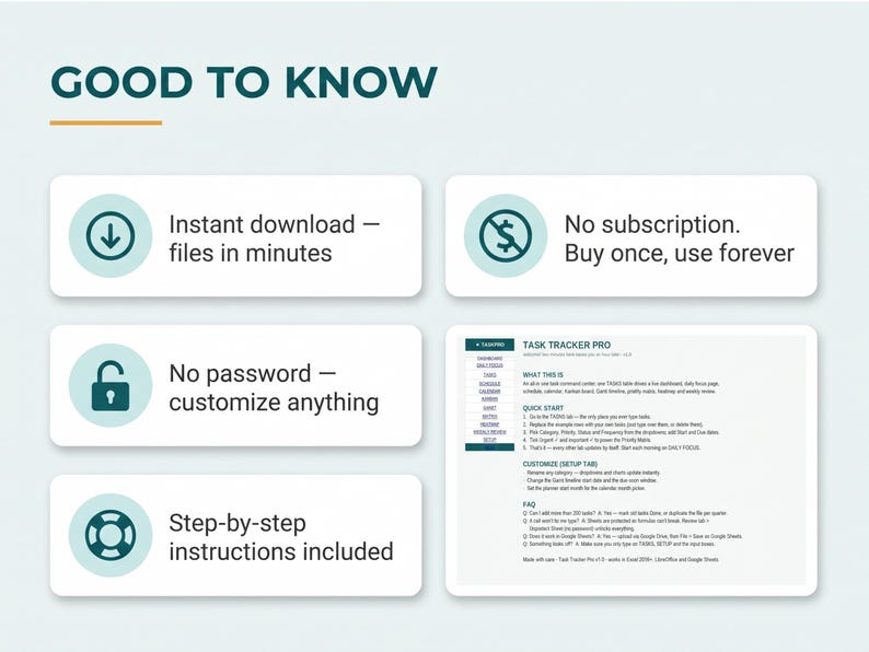 K&ouml;nnte beinhalten: Eine Infografik f&uuml;r einen Aufgabenplaner mit der &Uuml;berschrift GOOD TO KNOW. Sie enth&auml;lt f&uuml;nf wei&szlig;e rechteckige K&auml;stchen mit Symbolen und Text: Sofort-Download, kein Abonnement, kein Passwort, Schritt-f&uuml;r-Schritt-Anleitungen und eine &Uuml;bersicht.