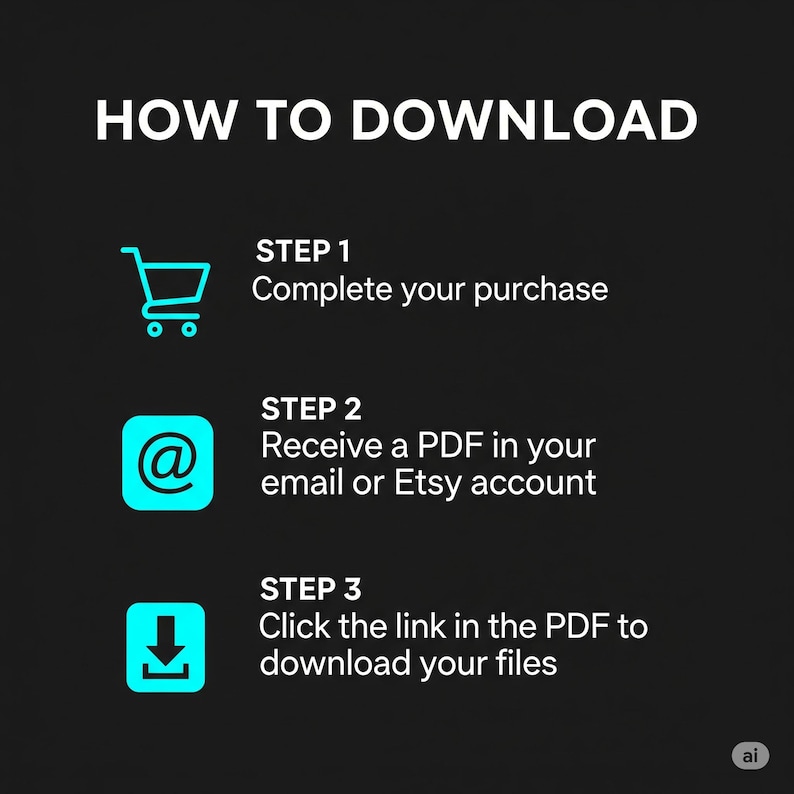 May include: A black graphic with white text detailing how to download files. The instructions are numbered and include icons: a shopping cart, an at symbol, and a download arrow. The steps are: complete purchase, receive PDF, and click link.
