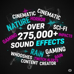 May include: A graphic design on a black background with the words "CINEMATIC", "NATURE", "GAMING", "HORROR", "SCI-FI", "275,000+ SOUND EFFECTS", "RAIN", "WHOOSHES", "TWITCH ALERTS", and "CONTENT CREATOR".