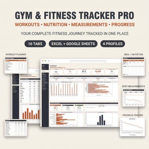 Könnte beinhalten: Gym & Fitness Tracker Pro digitale Tabellenkalkulation für Excel und Google Sheets. Enthält 16 Registerkarten und 4 Profile zur Verfolgung von Workouts, Ernährung, Körpermaßen und Fortschritten. Mit Dashboard, Diagrammen und Datentabellen.