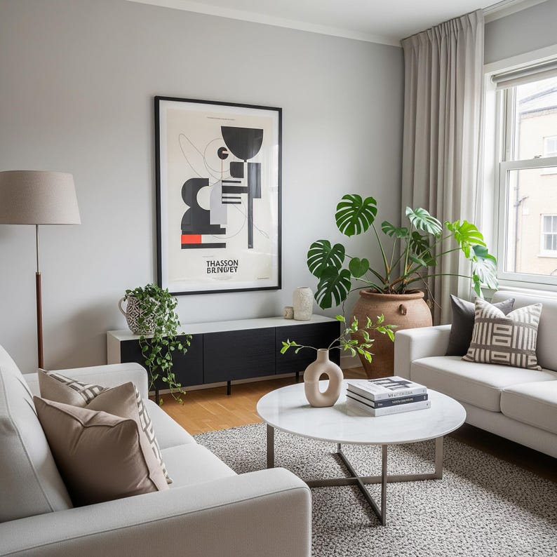 May include: A modern living room with a white sofa, round marble coffee table, and a black and white cabinet. A large framed abstract art piece hangs on the wall. Potted plants and decorative pillows add warmth to the space.