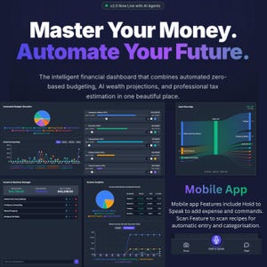 May include: A digital financial dashboard with the text "Master Your Money. Automate Your Future." The dashboard displays charts and graphs for budgeting, wealth projections, and tax estimation. Mobile app features include voice commands and scanning.