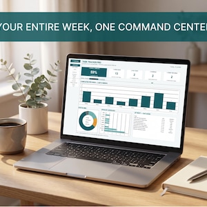 K&ouml;nnte beinhalten: Ein Laptop zeigt ein Task Tracker Pro Dashboard mit Diagrammen und Daten. Auf dem Bildschirm steht der Text 'YOUR ENTIRE WEEK, ONE COMMAND CENTER'. Der Laptop steht auf einem Holztisch neben einer Kaffeetasse, einer kleinen Topfpflanze und einem Notizbuch mit Stift.