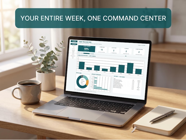 K&ouml;nnte beinhalten: Ein Laptop zeigt ein Task Tracker Pro Dashboard mit Diagrammen und Daten. Auf dem Bildschirm steht der Text 'YOUR ENTIRE WEEK, ONE COMMAND CENTER'. Der Laptop steht auf einem Holztisch neben einer Kaffeetasse, einer kleinen Topfpflanze und einem Notizbuch mit Stift.