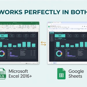 K&ouml;nnte beinhalten: Ein digitales Aufgaben-Dashboard auf zwei Bildschirmen, das die Kompatibilit&auml;t mit Microsoft Excel 2016+ und Google Sheets zeigt. Die Benutzeroberfl&auml;che bietet dunkle Hintergr&uuml;nde mit t&uuml;rkisfarbenen Balkendiagrammen, einem Ringdiagramm und Daten.