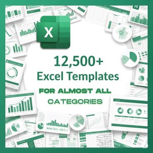 Può includere: Vista dall'alto di vari modelli di fogli di calcolo Excel in tonalità verdi e bianche. Il logo di Microsoft Excel è in alto, con il testo "12.500+ Excel Templates FOR ALMOST ALL CATEGORIES" al centro.