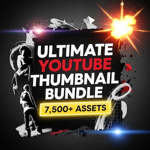 Puede incluir: Diseño gráfico con las palabras "ULTIMATE YOUTUBE THUMBNAIL BUNDLE" en texto blanco y rojo. La imagen incluye el texto "7,500+ ASSETS" en un rectángulo amarillo. El fondo es gris oscuro con elementos de diseño blancos y negros.