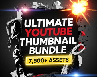 May include: A graphic design with the words "ULTIMATE YOUTUBE THUMBNAIL BUNDLE" in white and red text. The image includes the text "7,500+ ASSETS" in a yellow rectangle. The background is dark gray with white and black design elements.