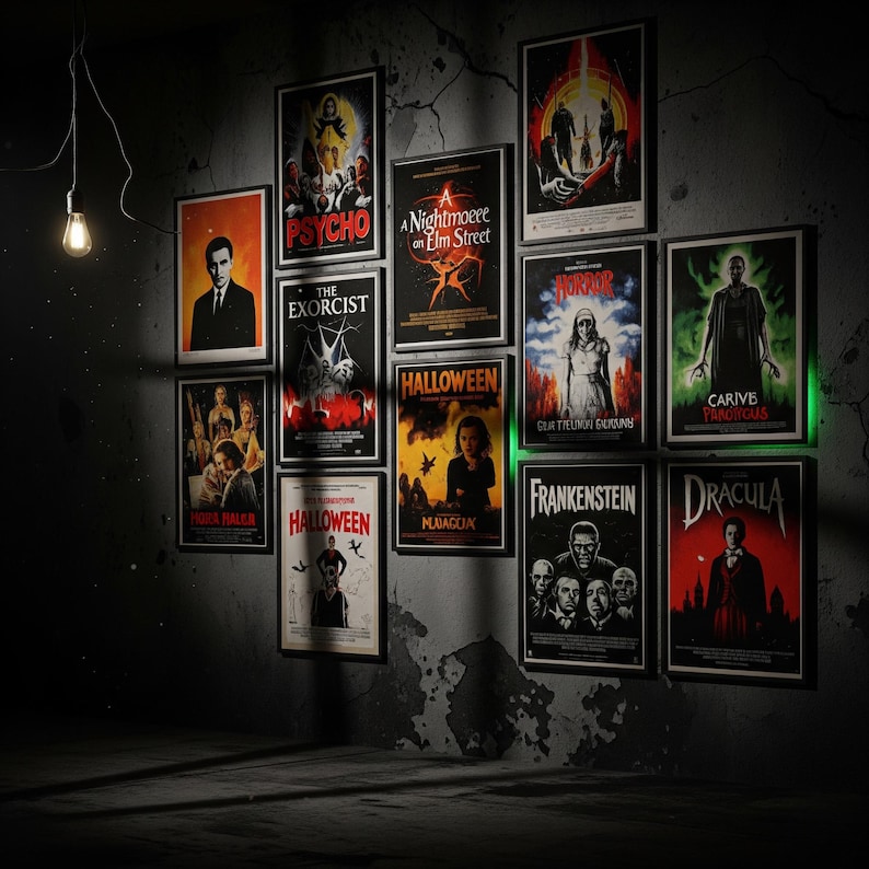 May include: A collection of framed vintage horror movie posters, including "Psycho," "The Exorcist," and "Halloween," displayed on a dark, textured wall. The posters feature classic movie art and titles, creating a spooky, cinematic theme.