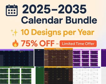 11-Year Calendar Bundle 2025-2035: Editable Excel & Google Sheets Planner (Digital Download)