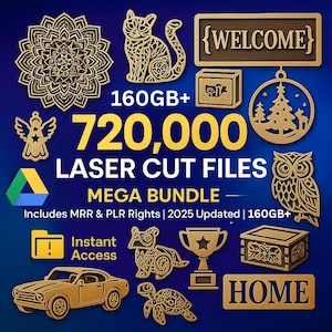 Può includere: Una collezione di file tagliati al laser, tra cui un gatto, un gufo, un angelo, un'auto e altre forme decorative. L'immagine include il testo "720.000 LASER CUT FILES MEGA BUNDLE", "WELCOME" e "HOME".