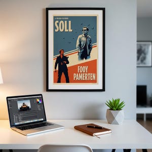 May include: A framed vintage movie poster with the title "SOLL" and the text "FOOY PAMERTEN". The poster features two men in a retro style, with a blue and orange color scheme. The poster is hanging above a desk with a laptop, notebook, and a small plant.