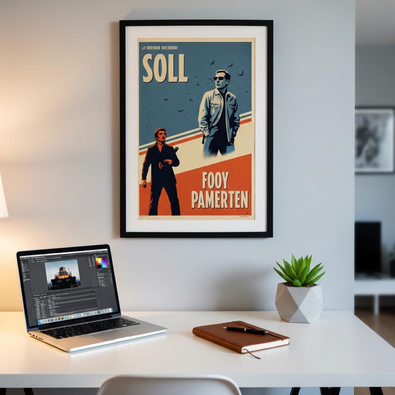 May include: A framed vintage movie poster with the title "SOLL" and the text "FOOY PAMERTEN". The poster features two men in a retro style, with a blue and orange color scheme. The poster is hanging above a desk with a laptop, notebook, and a small plant.