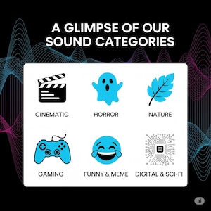 May include: An image displaying sound categories with icons. Categories include Cinematic, Horror, Nature, Gaming, Funny & Meme, and Digital & Sci-Fi. The text at the top reads "A Glimpse of Our Sound Categories."