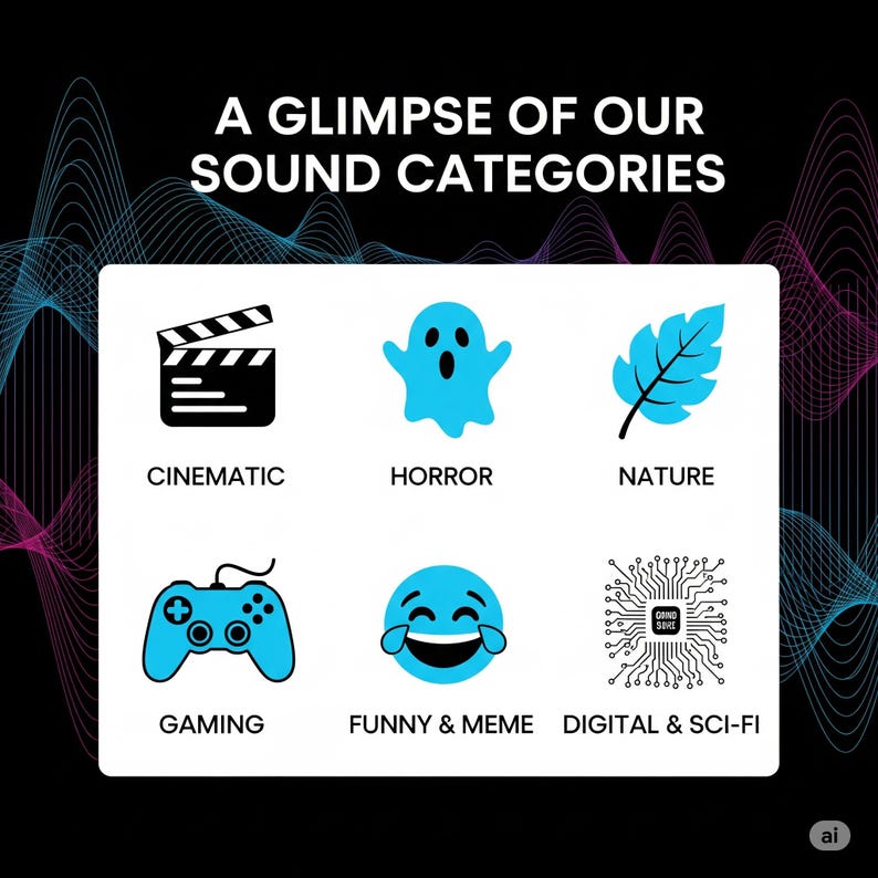 May include: An image displaying sound categories with icons. Categories include Cinematic, Horror, Nature, Gaming, Funny & Meme, and Digital & Sci-Fi. The text at the top reads "A Glimpse of Our Sound Categories."