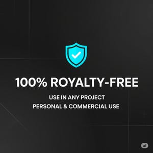 May include: A graphic with the text "100% ROYALTY-FREE" in white, alongside a teal shield icon with a tick. The text "USE IN ANY PROJECT" and "PERSONAL & COMMERCIAL USE" are also included on a black background.