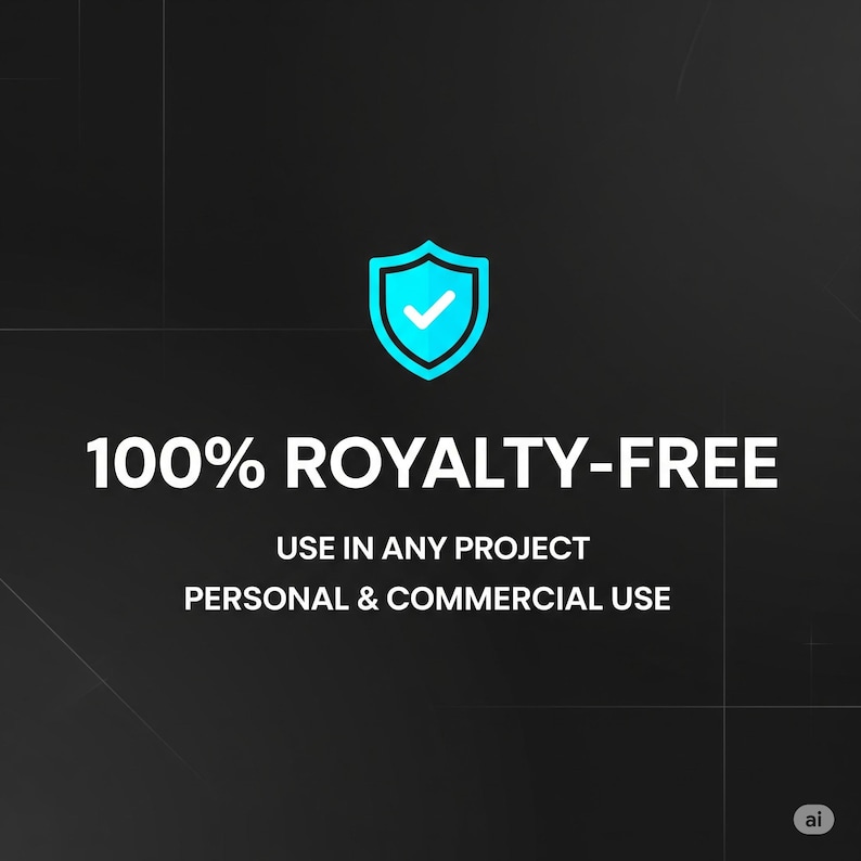 May include: A graphic with the text "100% ROYALTY-FREE" in white, alongside a teal shield icon with a tick. The text "USE IN ANY PROJECT" and "PERSONAL & COMMERCIAL USE" are also included on a black background.