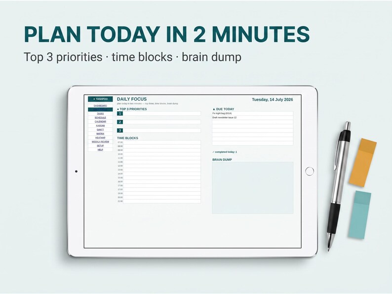 K&ouml;nnte beinhalten: Ein digitales Tablet mit einer Tagesplaner-Vorlage, die Bereiche f&uuml;r die 3 wichtigsten Priorit&auml;ten, Zeitbl&ouml;cke und Notizen enth&auml;lt. Auf dem Bildschirm steht PLAN TODAY IN 2 MINUTES, Top 3 priorities, time blocks, brain dump und Tuesday, 14 July 2026.