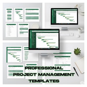 May include: A collection of project management templates displayed on computer monitors and printed documents. The templates feature green and white color schemes, with Gantt charts and task lists. The text "PROFESSIONAL PROJECT MANAGEMENT TEMPLATES" is also visible.