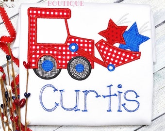 Personalized Boy 4th of July Tractor T-shirt with Embroidered Name. Patriotic Stars Memorial Day Toddler Boy Outfit. Custom 4th of July Gift