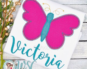 Personalized Summer Butterfly Applique Shirt, Butterfly Shirt with Custom Name, Embroidered Butterfly Shirt Birthday Gift for Toddler Girl