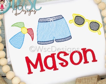 Boys Personalized Beach Shirt with Embroidered Sunglasses, Beach Ball and Swimming Shorts. Custom Vacation Baby Boy Beach Outfit