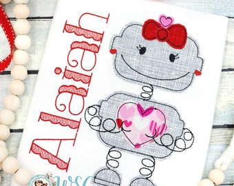 Baby Girls Valentines Outfit, Robot Girl Shirt, Toddler Girl Heart Robot Shirt, Personalized, Baby Girl 1st Valentines Day Outfit
