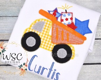 Personalized 4th of July Dump Truck with Stars Shirt or Bodysuit for Boys with Embroidered Name. Baby Truck Independence Day Summer Tee Gift