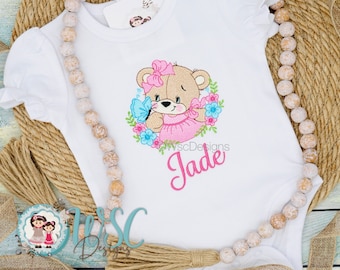 Baby Girl Bear with Flowers Bodysuit, Baby Bear Bodysuit with Name, Baby Shower Gift