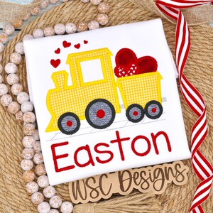 Boys Valentine&#39;s Day Shirt - Embroidered Train with Hearts & Personalized Name - Cute Kids Valentine Outfit - Choo Choo Trian Theme Gift