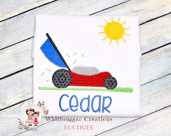 Boys Lawn Mower Shirt – Personalized Summer Embroidered Tee for Toddlers – Outdoor Play Shirt with Name – Garden Theme Birthday Outfit