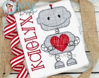 Baby Boy Valentines Shirt, Robot Boy with Heart Shirt, Boy Embroidered T-shirt, Custom Name Toddler Boy Tee